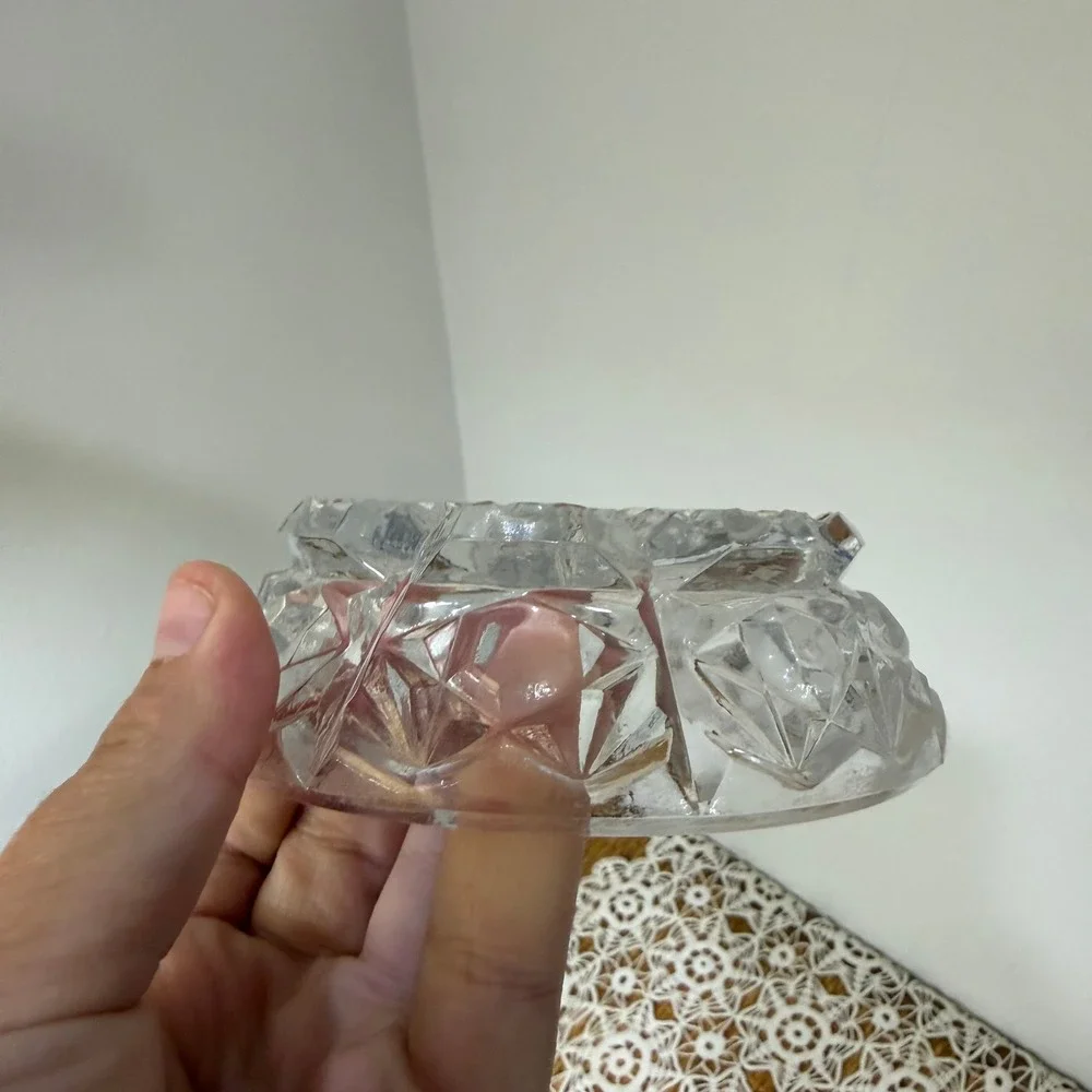 Vintage Glass Diamond Point Clear Covered Candy Dish Footed Oval 5in